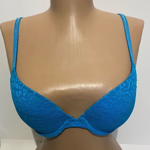 Pink Victoria's Secret Women's Blue Wear Everywhere Rhinestone Push Up Bra 34B - Picture 1 of 11